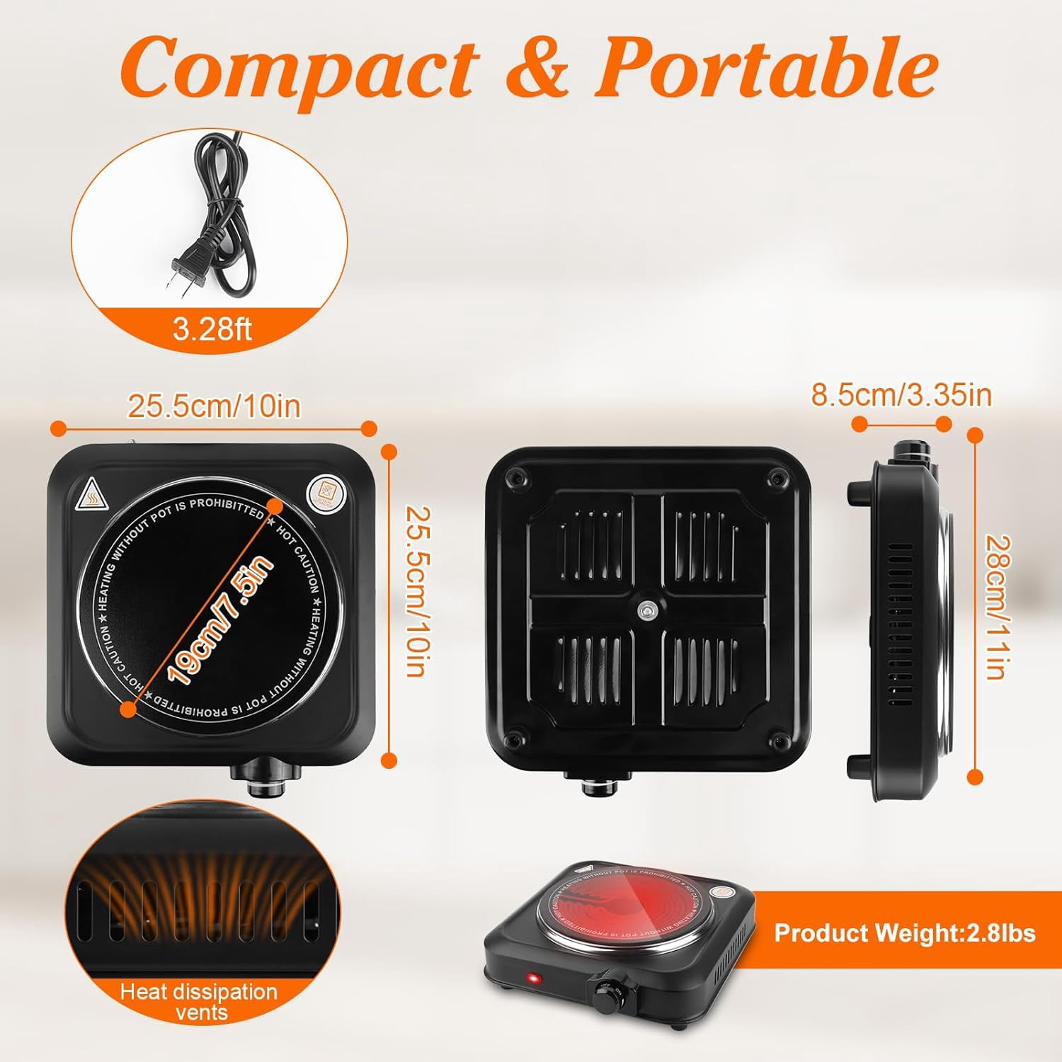 Hot Plates for Countertop, Battery Powered Hot Plate, Electric Hot Plate, 1200w Electric Infrared Single Burner,  Portable Counter Single Stove with 7.5” Glass Cooktop