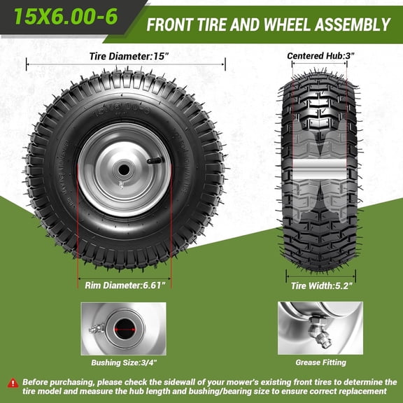 (2 Pack)  15x6.00-6nhs Lawn Mower Tires and Wheel Assembly, Replacement Riding Lawn Mower Front Tires, Compatible with John Deere  Husqvarna Lawn Mowers, 3/4" Bushings, 3" Centered Hub