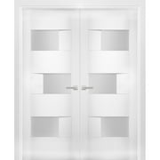 Solid French Double Doors 64 x 80 inches Opaque Glass / Sete 6933 White Silk / Wood Solid Panel Frame / Closet Bedroom Modern Doors