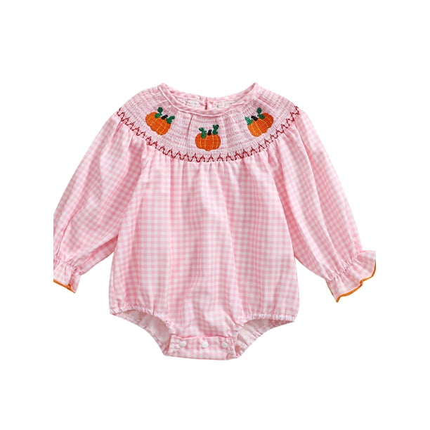 Pelele de bebé niña de manga larga con cuello redondo y bordado de calabaza. Conjunto para niña pequeña.