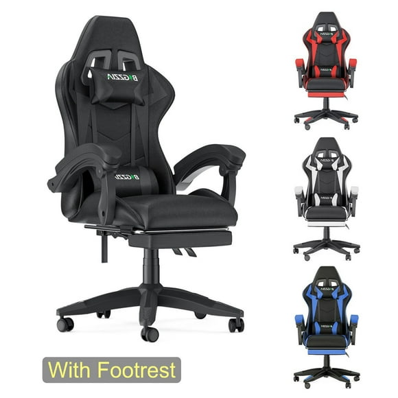 Bigzzia Gaming Chair with Footrest, Computer Chair with Lumbar Support Height Adjustable with 360°-Swivel Seat and Headrest for Office or Gaming(Black)