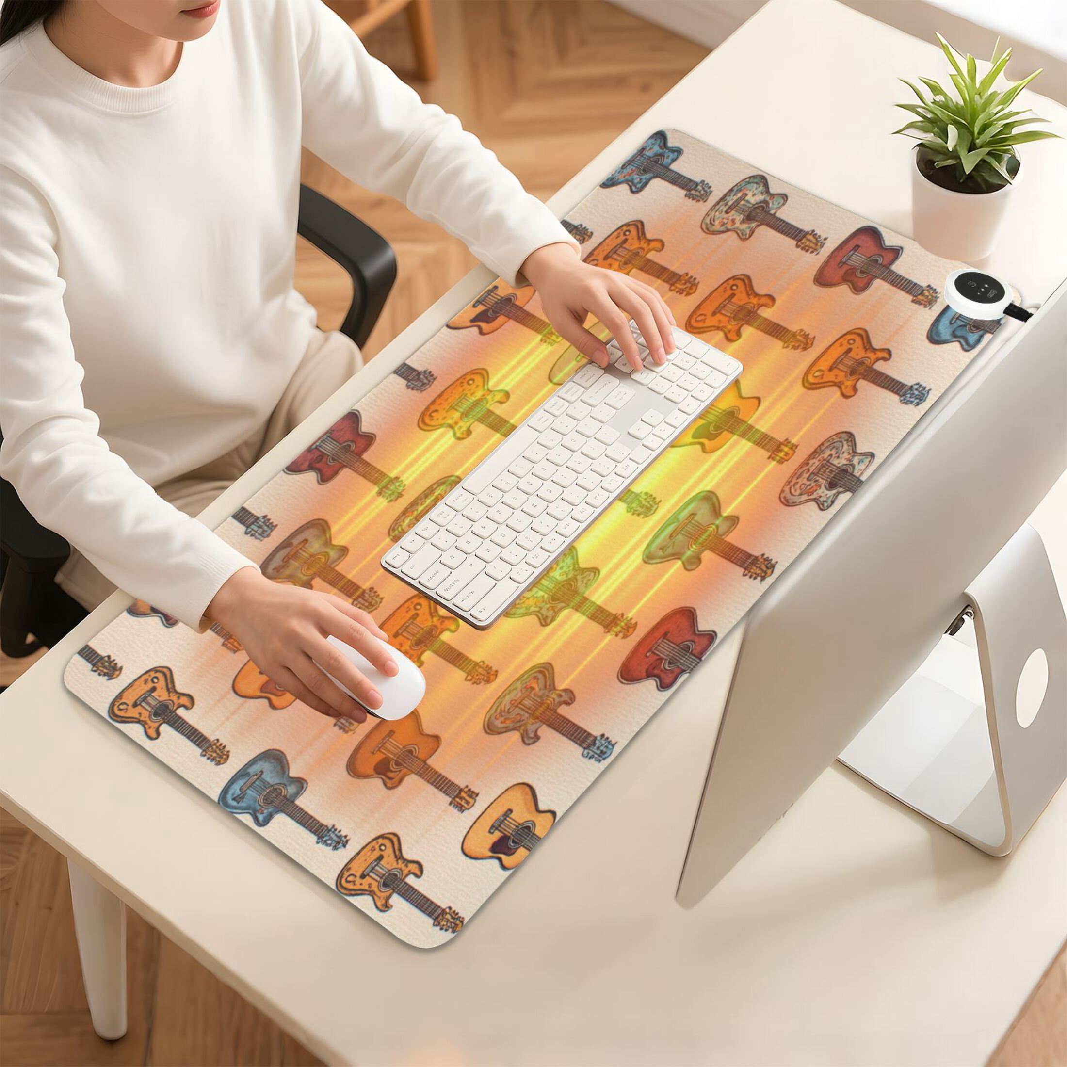 Large Heated Desk Mat Mouse Pad 31.5"x13"PU Leather Graphene Heating Desk Warmer with 3 Temperature Settings 110V US Plug Non-Slip Warm Pad for Home, Office, and Gaming Classic Guitar Music Art