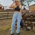 thumbnail image 3 of Defitshape Women's Cargo Jeans Washed Straight Leg Full Length Loose Fit Vintage Fashion Long High Waist Elastic Carpenter Denim Pants Light Blue Medium, 3 of 5