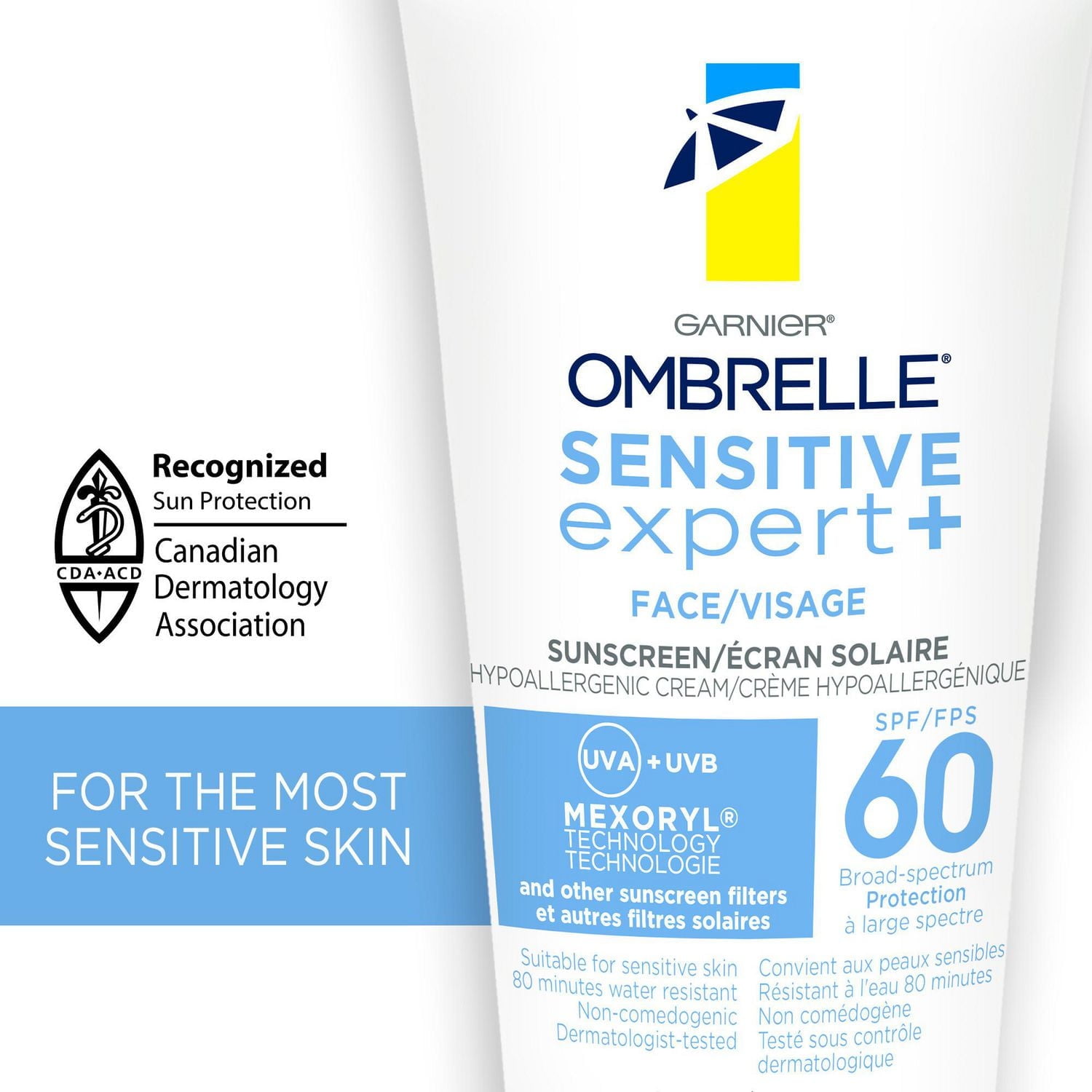 Garnier Ombrelle Sensitive Expert+ Écran solaire visage FPS 60, testé par des dermatologues, peaux sensibles, hypoallergénique, non gras, sans parfum, protection à large spectre UVA/UVB, 90ml Écran solaire