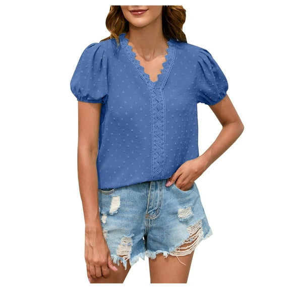RYRJJ Womens Summer Short Sleeve Tops Casual V Neck Tee Shirts Swiss Dots Puff Sleeve Fashion Loose Lace Crochet Neckline Blouse(Blue,L)