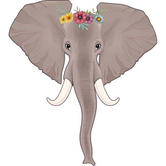 Removable Vinyl Elephant Head Decor Multicolored Floral Crown Tusks Design Home Living Room Wall Decoration - 20" x 22" Kids Bedroom Nursery Large Zoo Safari Animal Flower Crown Art Wall Sticker
