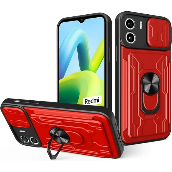 for Xiaomi Redmi A1 Case Sliding Window Case with Card Holders, Cover with Slide Camera Protection Built-in Magnetic Kickstand Case for Xiaomi Redmi A1 LJK Red