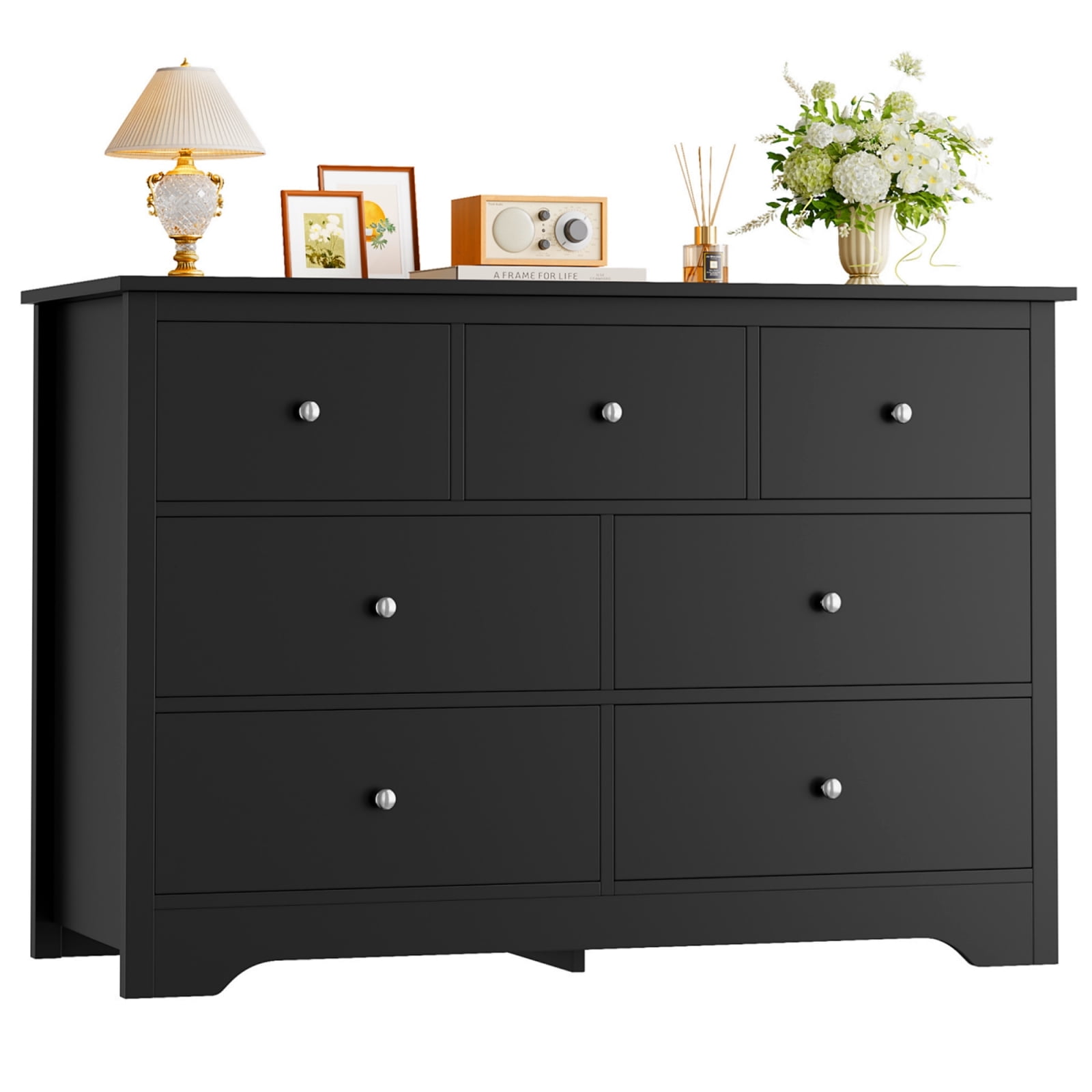 Homfa 7 Drawer Double Dresser, 47.2"W Contemporary Wood Chest of Drawer Storage Cabinet for Bedroom Living Room, Black