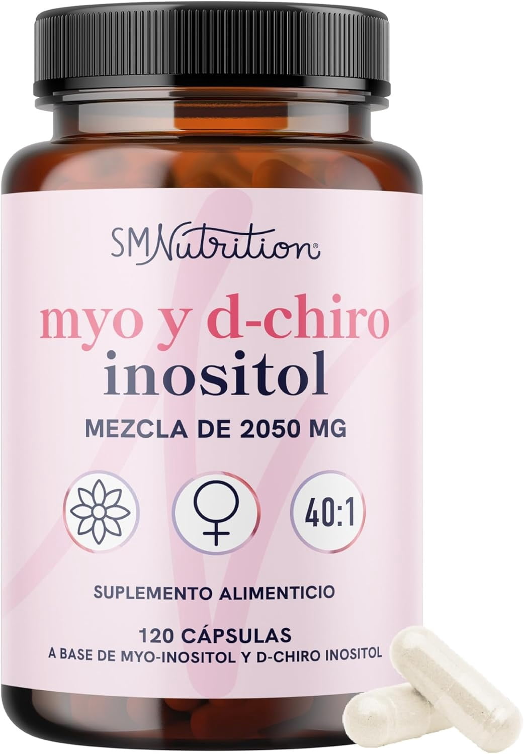 Suplemento Alimenticio para Mujeres SMNutrition, Myo y D-Chiro Inositol, con Vitamina B8, 2000 mg por Dosis, Vegano, Sin Gluten, 120 Cápsulas