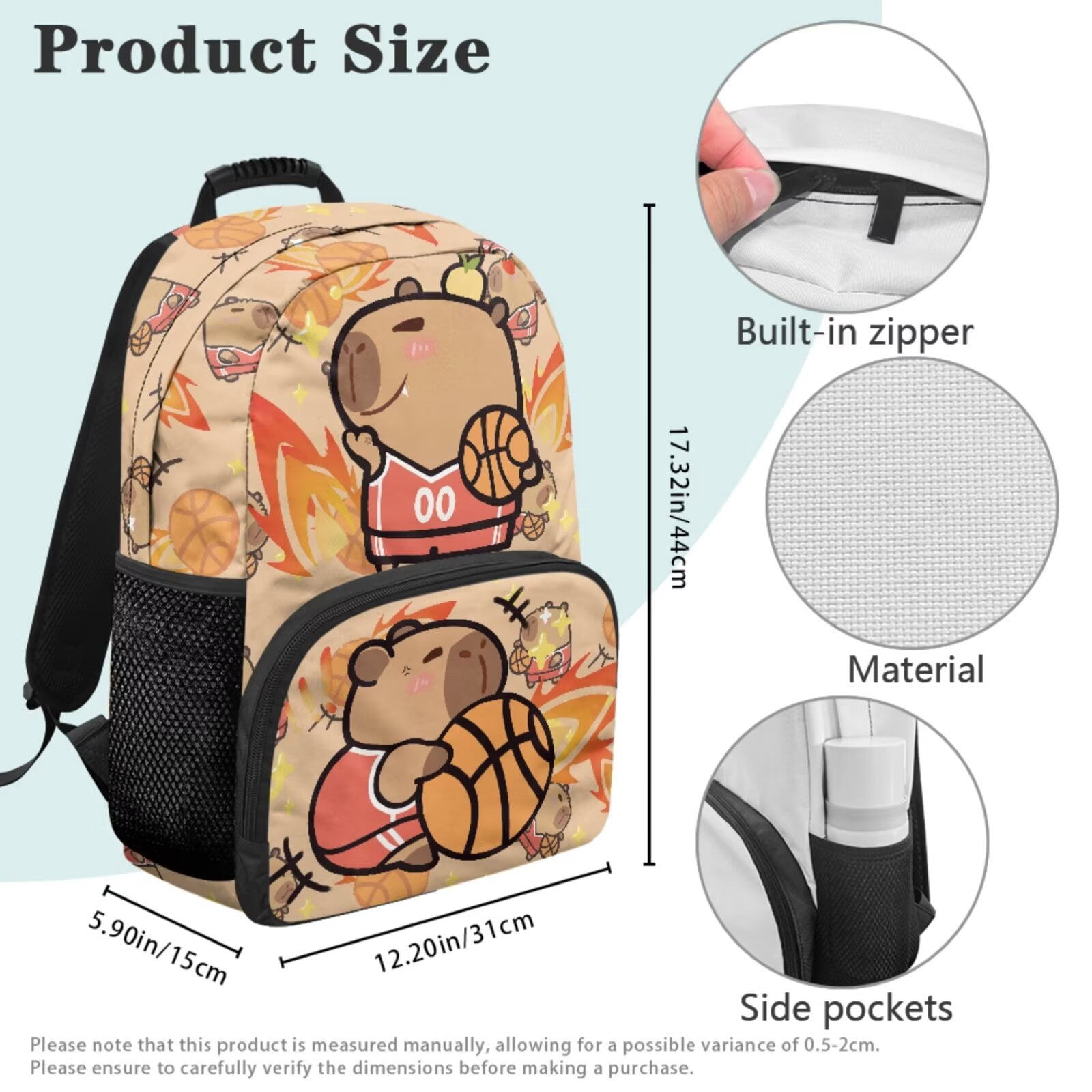 Pzuqiu Basketball Capybara Girls Backpack with Lunch Box Back Pack for School Kids Backpacks Kawaii Lightweight Casual Travel Daypack for Kids, 4pcs with Pencil Case 2pcs Bookmark