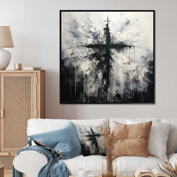 Designart "Monochrome Faith: Simplified Religious Cross" Christianity Floater Framed Wall Decor