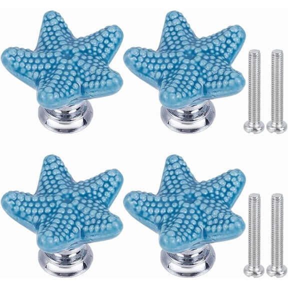 4 Sets Starfish Ceramic Cabinet Knobs Marine Animals Theme Ocean Cartoon Style Blue Handmade Dresser Knob Drawer Pulls with Zinc Alloy Finding Iron Screw for DIY