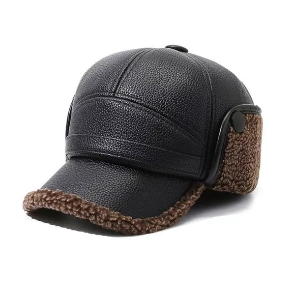 BRICH Men's Leather Hats Winter Leather Dad Caps Lined Warm Baseball Cap with Adjustable Earflaps for Windproof Hunting Khaki One Size