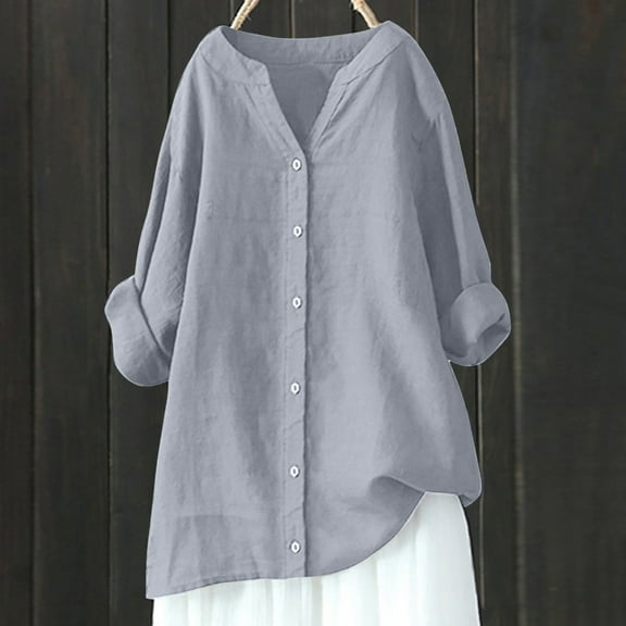 Honeeladyy Womens Cotton Shirts Solid Color 3/4 Sleeve Tunic Tops Oversized Tshirts for Women Casual V Neck Dressy Blouses for Jeans Leggings or Dresses (Gray,XL)