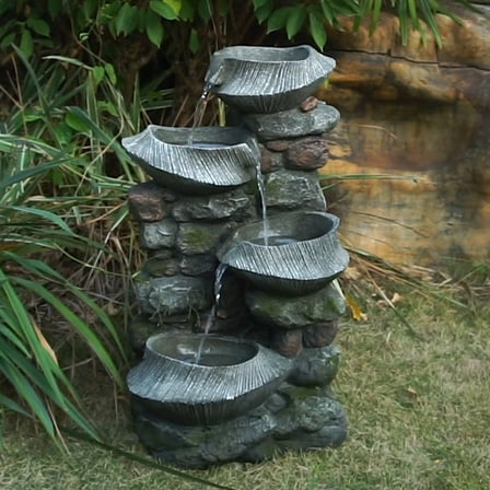 QJTC 31.5 Inch High Stone Fountain, Four-Tier Resin Cascading Bowl Freestanding Fountain for Gardens, Landscaping, Patios, Balconies and Lawns