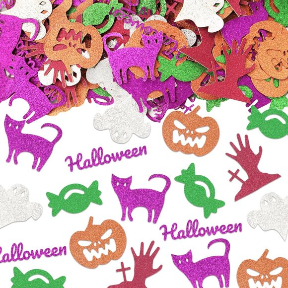 Halloween Party Confetti Mix - Orange Green Silver Purple Red Ghost Cat Pumpkin Glitter Paper Scatter Table Decoration Supplies - 200 Pieces