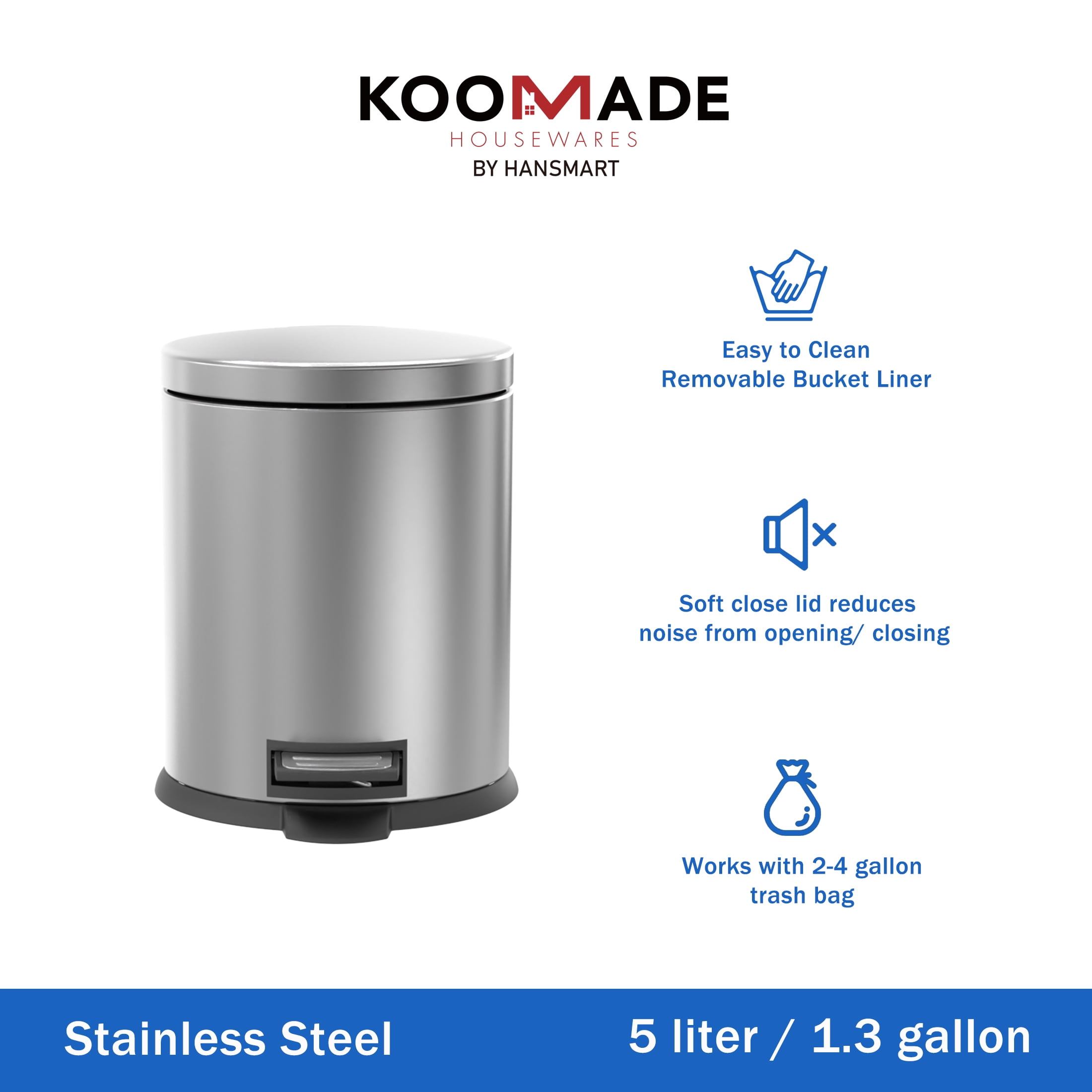 Koomade 2 Pack Bathroom Trash Can, 1.3 Gallon Stainless Steel Step Garbage Bin with Lid, Silver