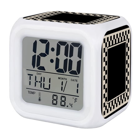 Alarm Clocks Black Squares Digital Clock 7 Color LED Night Light Silent Non-Ticking Battery Operated Beige Modern Block Checkered Border Cube Clocks for Bedroom Bedside Living Room Office Decor