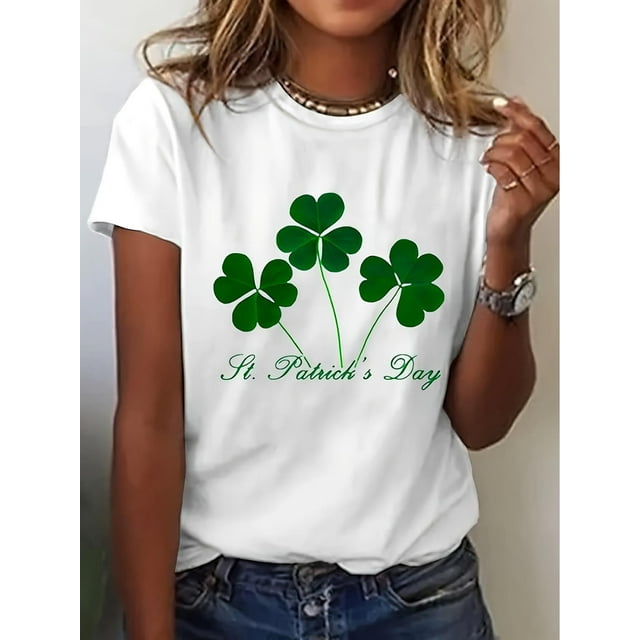 Camisetas de manga corta para mujer, diseño gráficoWomen's Casual Clover Print T-Shirt - Soft Polyester & Spandex Blend, Round Neck, Short Sleeve, MachCamisetas de verano para mujer, manga corta, cu