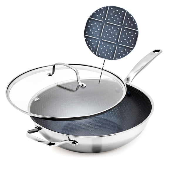 Blue Diamond 12″ Diamond Bond Ceramic Nonstick Hybrid Stainless Steel Wok with Lid, Induction Ready