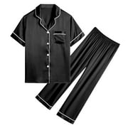 DAKIMOE Silk Satin Pajamas Set for Women Two-Piece Short Sleeve Shirt with Long Pajama Pant Set Soft Button Down Loungewear Nightwear Pjs Sleepwear for Women