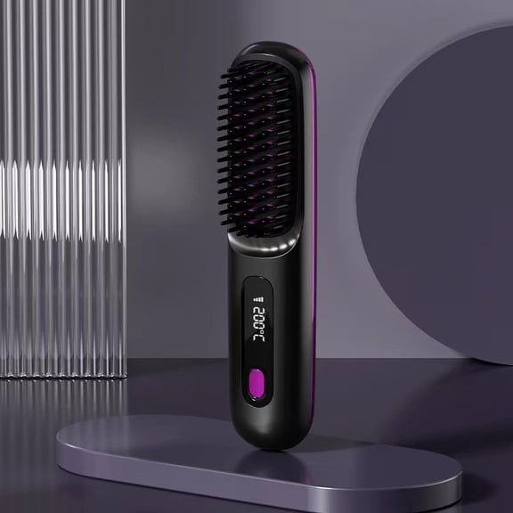 Cordless Rechargeable Hair Straightening Brush with LCD Temperature Display, Portable Heated Hair Styling Brush with USB Type-C Charging for Smoother, Straighter-Looking Hair