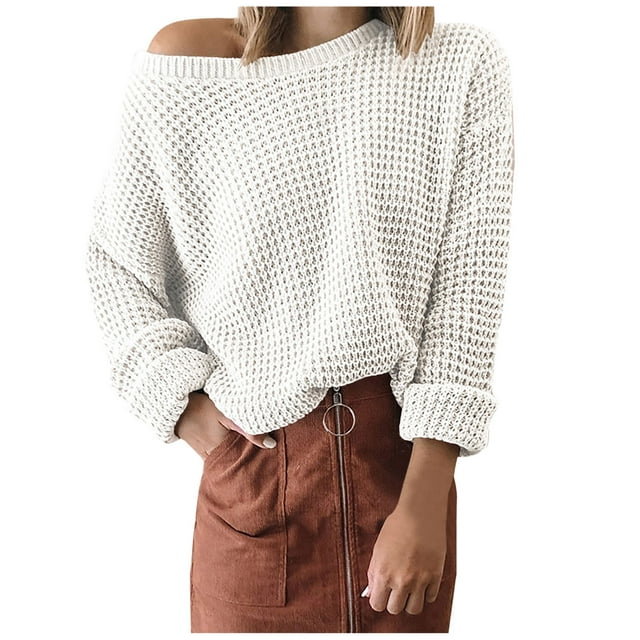 IROINID Women's One-Shoulder Pullover Sweater Solid Color Loose Short Length Long Sleeve Diagonal Collar Sweater Tops