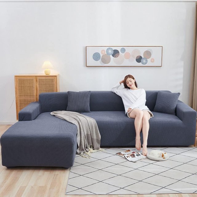 Housse de Canapé Sectionnelle 2 Pcs en Polyester Extensible en Forme de L Couleur Unie Douceur - Gris-1-2 Places + 4 Places
