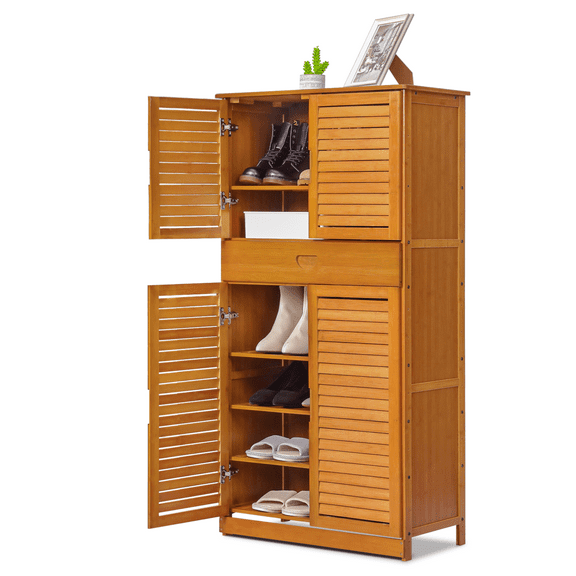 RTRWDC Brown Bamboo 8-Tier Adjustable Boot Shoe Cabinet with 4 Shutter Doors & 1 Drawer, Holds 21 Pairs of Shoes ,Suitable for Entryway/Hallway