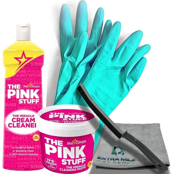 Pink Stuff Cleaning Bundle – Includes Miracle Paste, Cream Cleaner, Crevice Brush & Microfiber Cloth – All-Purpose Cleaner Kit for Grime, Stains, Kitchen, Bathroom & More