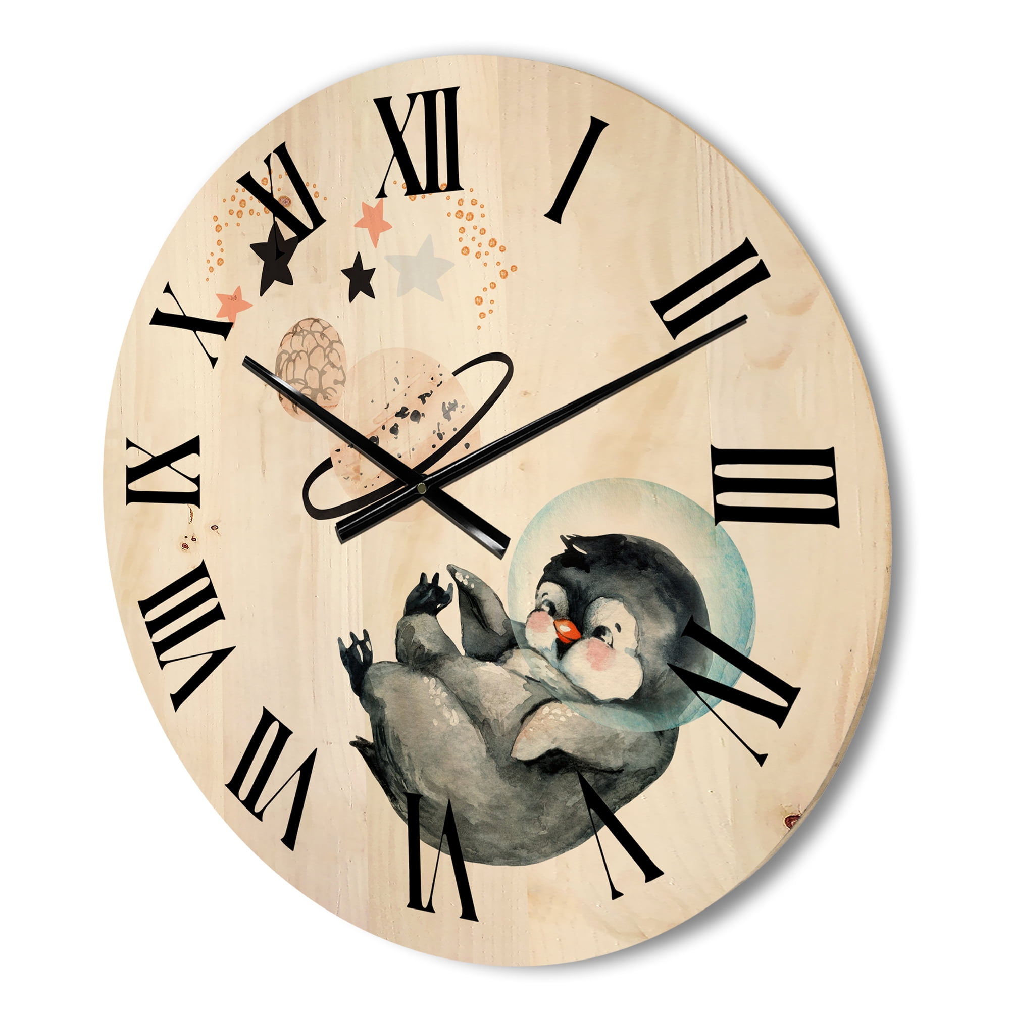 Designart 'Little Penguin With Planets and Stars I' Farmhouse Wood Wall Clock