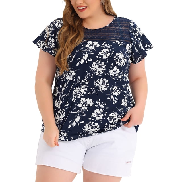 Agnes Orinda Women's Plus Size St. Patrick's Day Tops Floral Print Round Neck Lace Flared Short Sleeve Keyhole Back Blouse 4X Navy Blue
