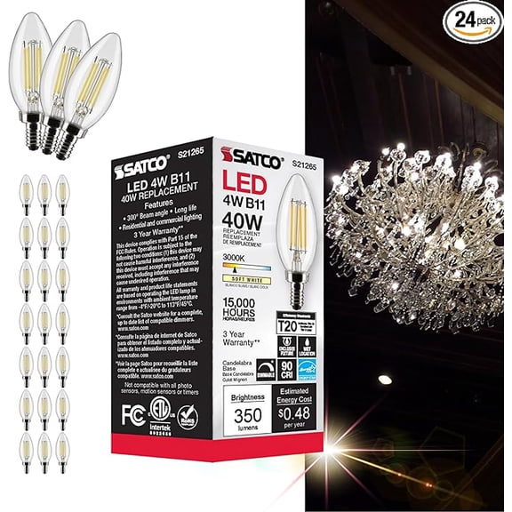 Satco  S21265 LED Light Bulbs 4W 120V  B11  E12 Candelabra Base 3000K Dimmable  (24 LED Light Bulbs)