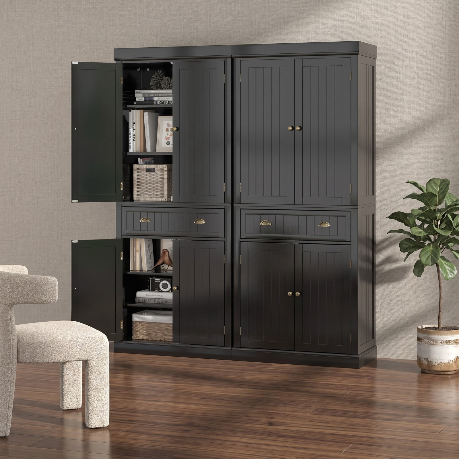 Furnibear Freestanding Tall Kitchen Pantry Cabinet with 4 Doors and Adjustable Shelves and Center Drawer for Kitchen Storage, Black