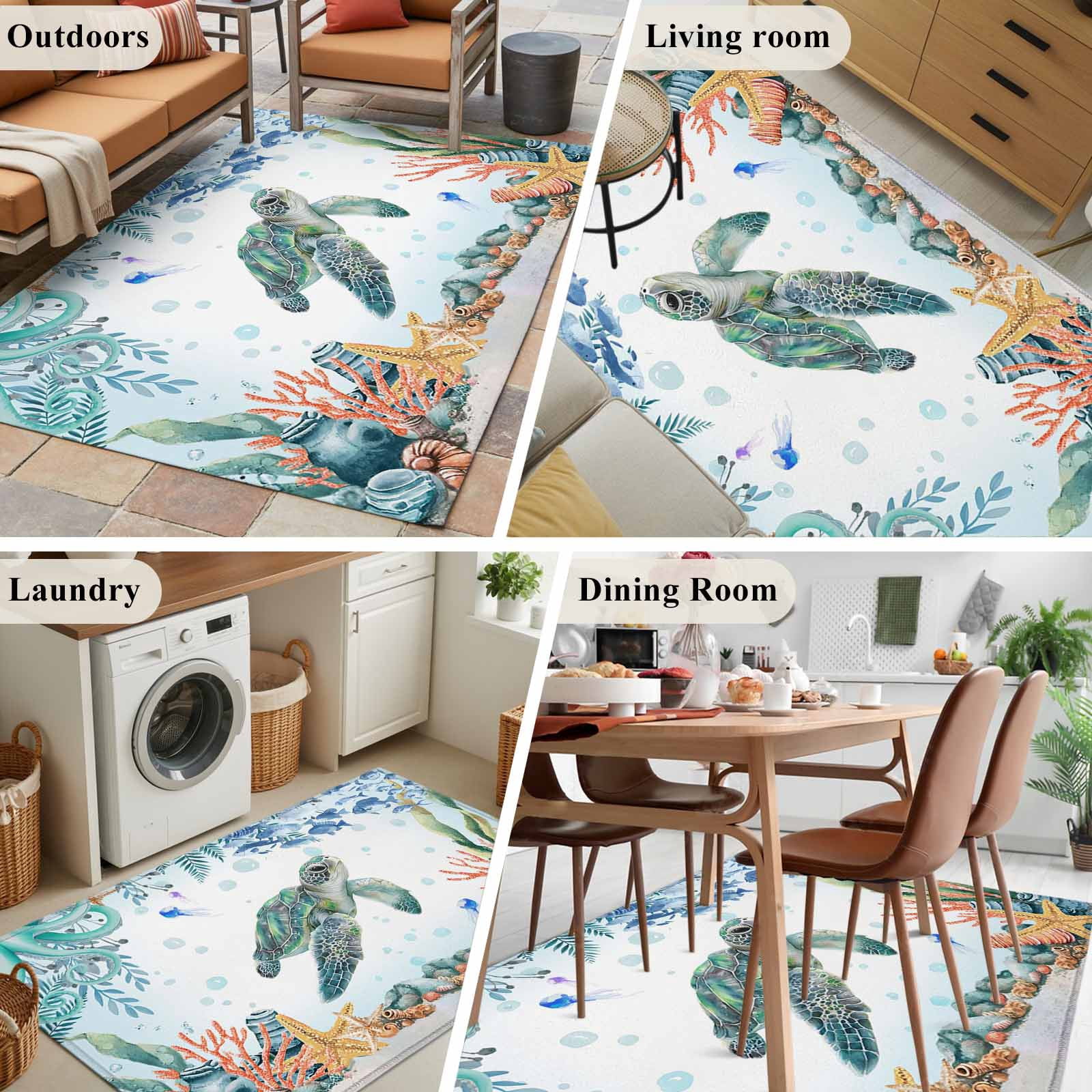 3'x5' Rug for Living Room Bedroom, Sea Turtle Coastal Washable Area Rugs Non-Slip Carpet Mats, Summer Nautical Starfish Coral Ocean Indoor Low Pile Area Rug Runner for Kitchen, Mudroom