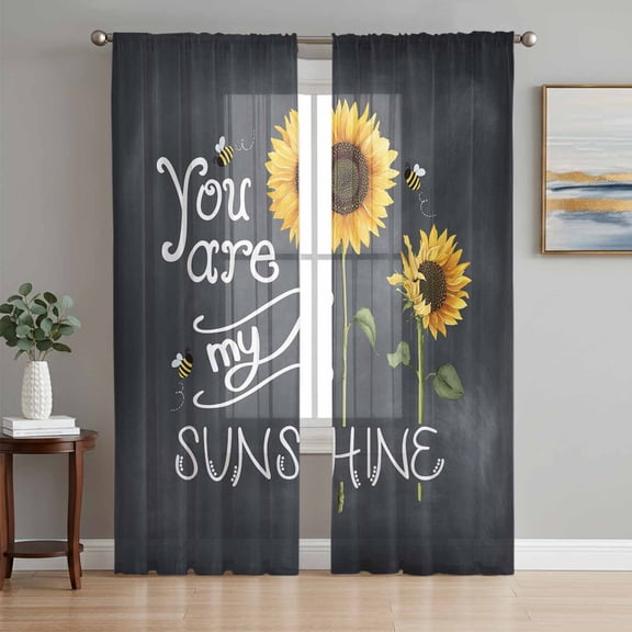 Sunflowers Semi Sheer Curtains 63 Inch Length 2 Panels Set, Classic Bee You Are My Sunshine Black Sheer Kitchen Curtain Privacy Voile Window Curtain for Living Room Bedroom Rod Pocket Drapes