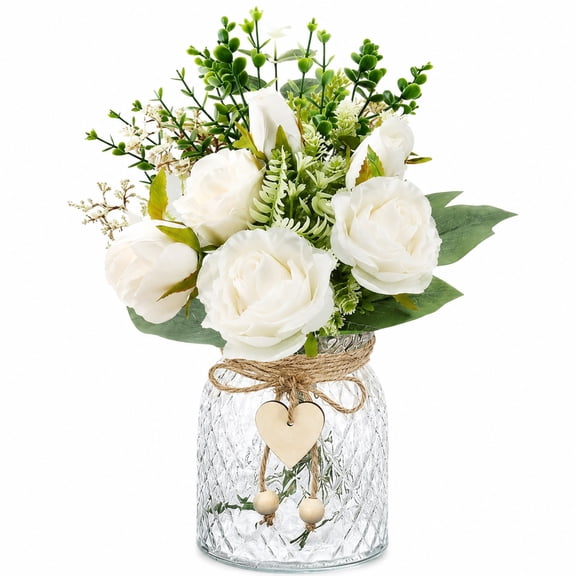 Artificial Flowers in Vase,Artificial White Rose Flowers Table Centrepiece Faux Flowers,Decorative Artificial Flowers with Vase Home Kitchen Office Coffee Decorations (White)