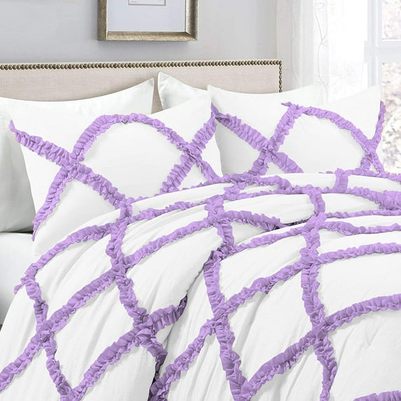 Dual Tone Diamond Ruffle Duvet Cover 3 Piece Set with Zipper Closure, 400 Thread Count & 100% Egyptian Cotton , Quilts Protector with Pillowcases - White & Lavender Solid, Eastern King Size.