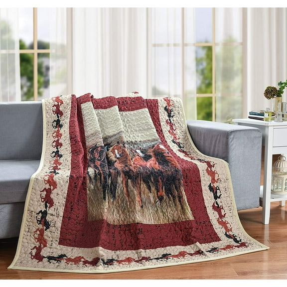 Western Throw Blanket Quilt Horse Lodge Cabin Bedding Farmhouse Ranch Bedspread