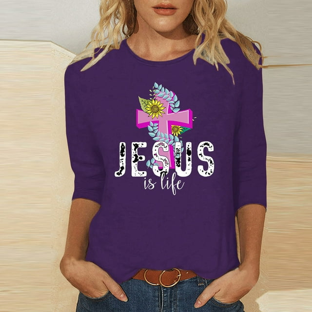 EGNMCR Easter Chemise Imprimée T-Shirts Graphiques pour Femmes Mode Féminine Easter Jour Fleur Oreilles de Lapin Imprimé T-shirt Manches 3/4 Blouse Col Rond Hauts Décontractés T-shirt pour Femmes