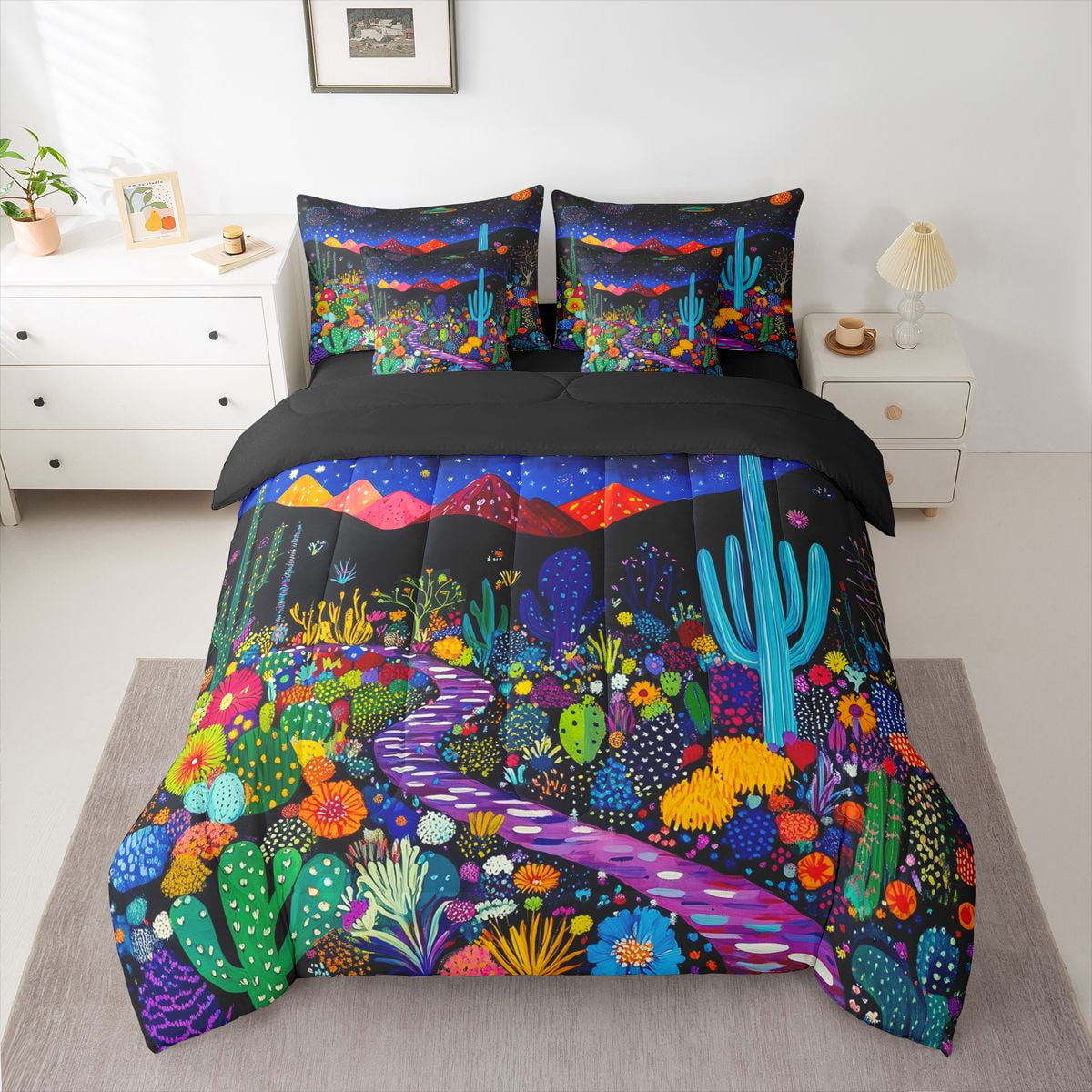 jejeloiu 3D Tropical Botanical 7 Pieces Bedding Comforter Set,Cactus Flowers Floral Full Bedding Set,Boho Exotic Style Fitted Sheet Flat Sheet For Men Women,Super Cozy Room Decor Reversible