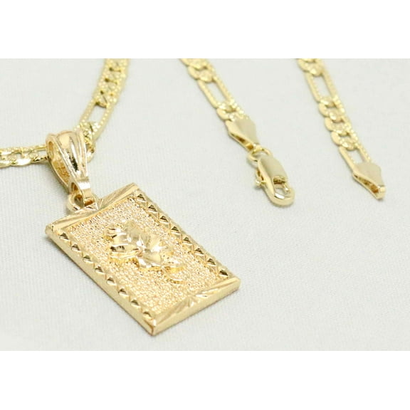14k Bonded Gold Necklace with Square Rose Pendent, Best Christmas Unisex Gift for Women, Men Mother, Father, Girlfriend, Boyfriend, Her, Him, Figaro Chain with Charm by Artisan Jeweler