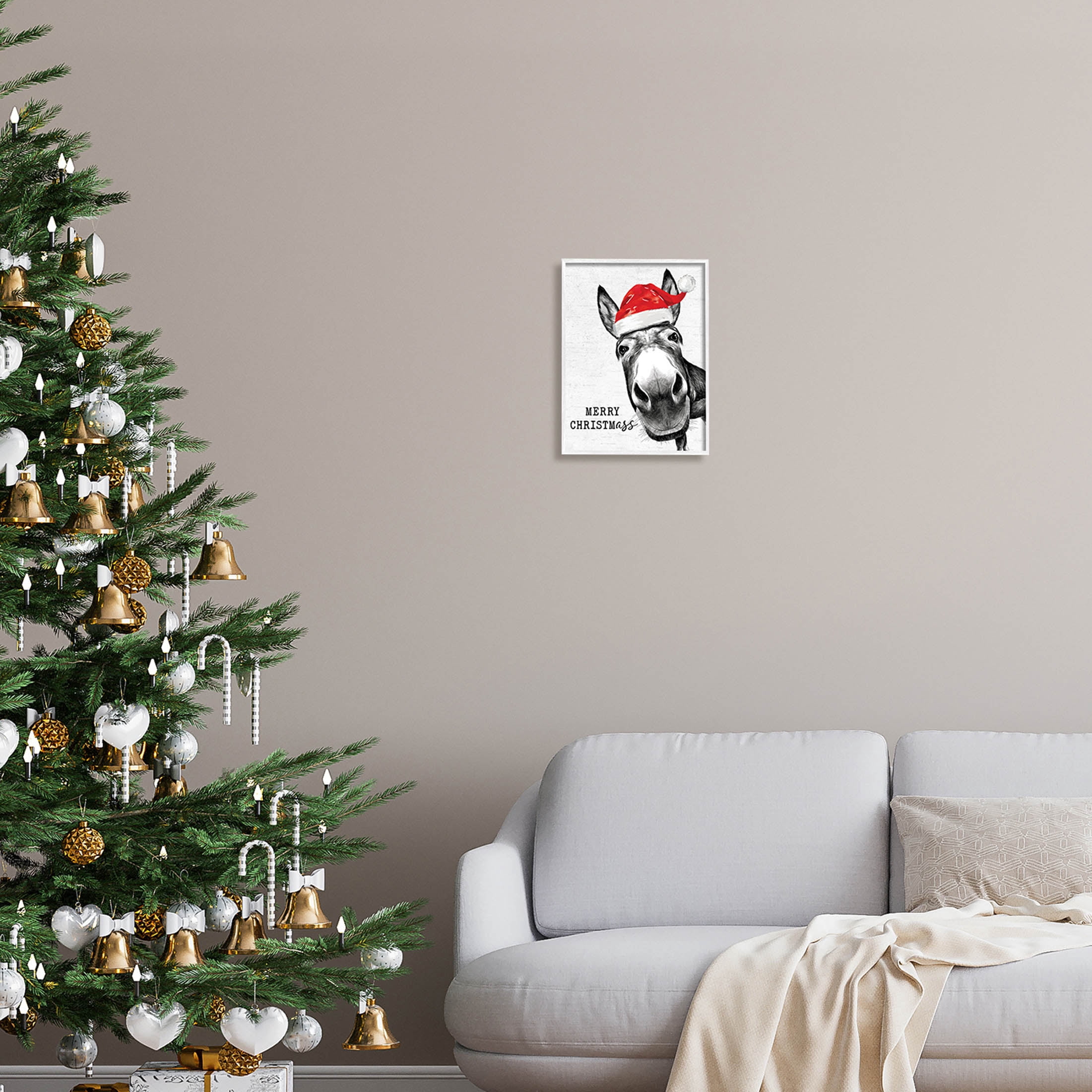 Stupell Industries Merry Christmass Funny Donkey Graphic Art White Framed Art Print Wall Art, Design by Lettered and Lined
