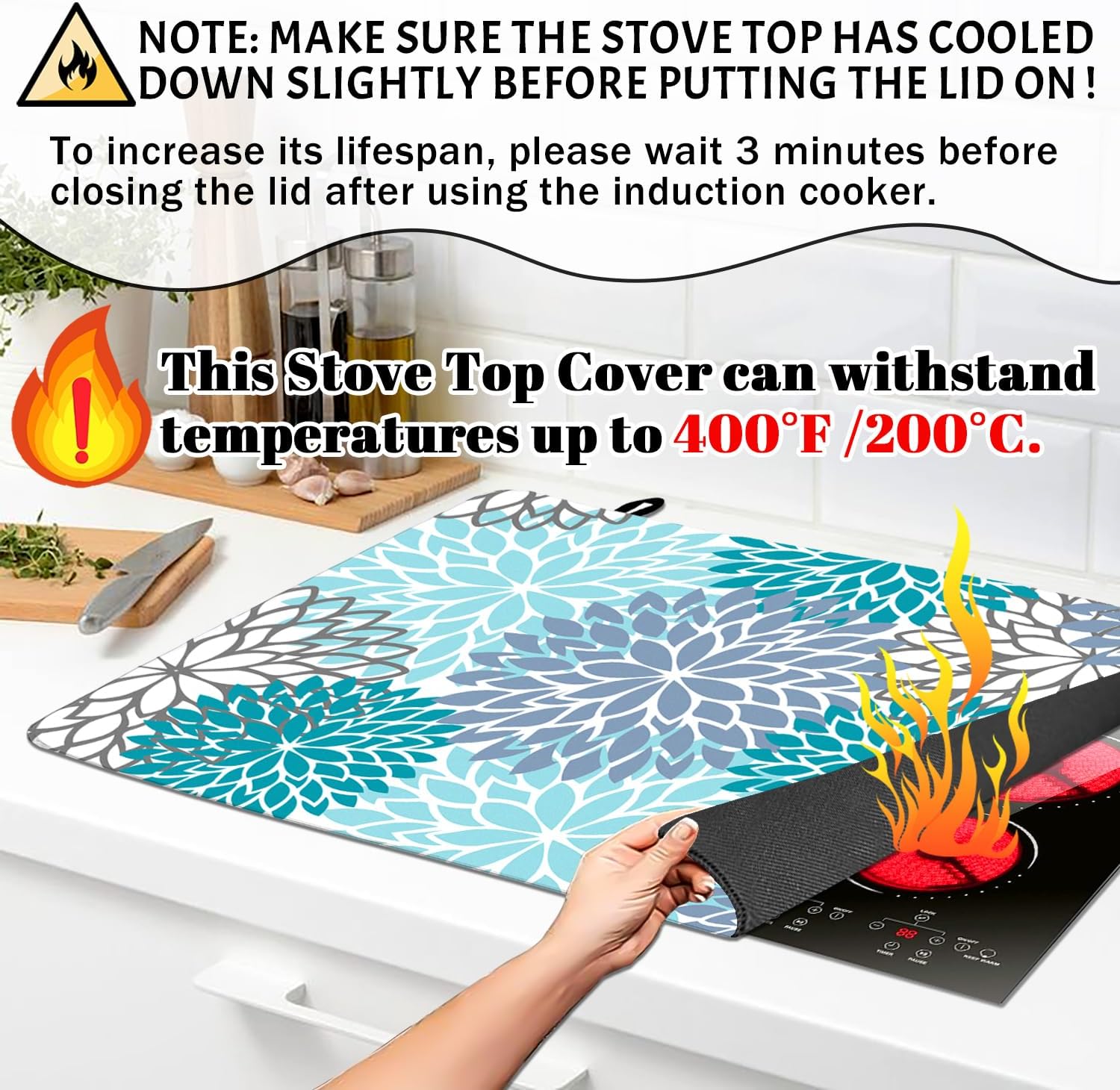 Stove Top Cover for Electric Stove 28 "x 20 ", Teal Bule Flora Heat Resistant Glass Top Stove Cover Protector, Glass Cooktop Covers, Kitchen Flat Stove Top Covers for Electric Stove