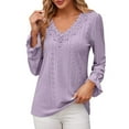 thumbnail image 3 of Fall Saving! HVOBTTY Womens Long Sleeve Pullover T Shirt, Fall Tops for Women, Women's Solid Color V Neck Vintage Style Lace Patchwork Loose T Shirt Purple, S, 3 of 5