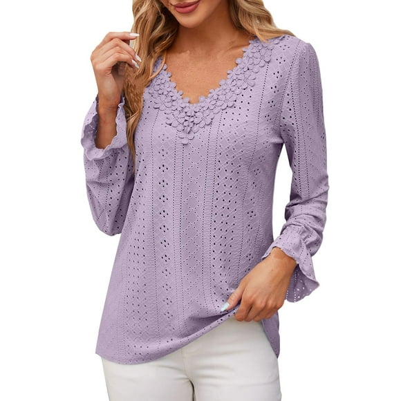 AherBiu Beach Tops for Women Eyelet Hole Lace V Neck Long Sleeve Tunic Top Boho Shirts Blouse