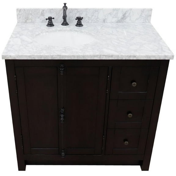Plantation Solid Wood Vanity with Left Oval Sink in Brown/White