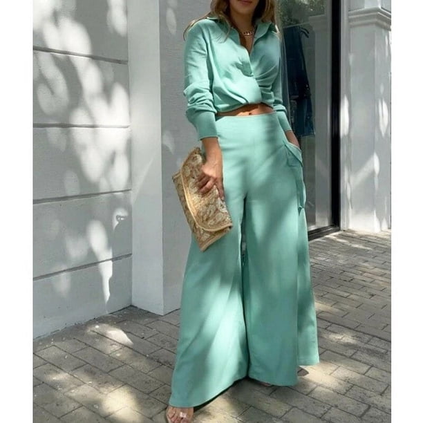 Conjunto de 2 piezas para mujer, camisa de manga larga y pantalones rectos de pierna ancha, ropa de calle elegante, novedad de 2023