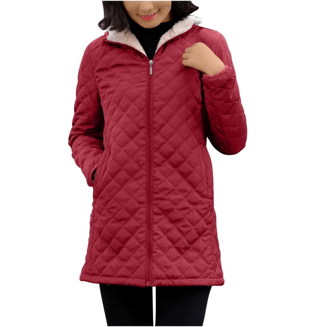 FAIWAD Women's Winter Coats Hooded Fleece Padded Zip Jackets Long Warm Slim Solid Color Overcoat