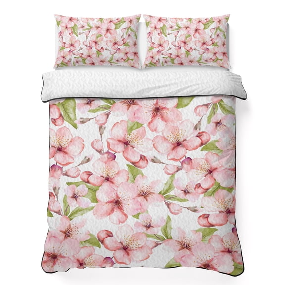 Queen Quilt Set 90''x96'', Pink Flowers Lightweight Bedspread Coverlet Set with 2 Pillow Shams, Watercolor Spring Botanical Floral Leaves Breathable All Season Quilt Bedding for Bedroom/Guest Room